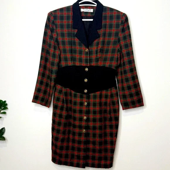 Vintage 80s Plaid Button-Up Dress | Red & Black Tartan | Small - Picture 2 of 11